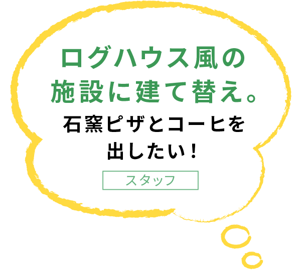 ログハウス風の 施設に建て替え。 石窯ピザとコーヒを 出したい！